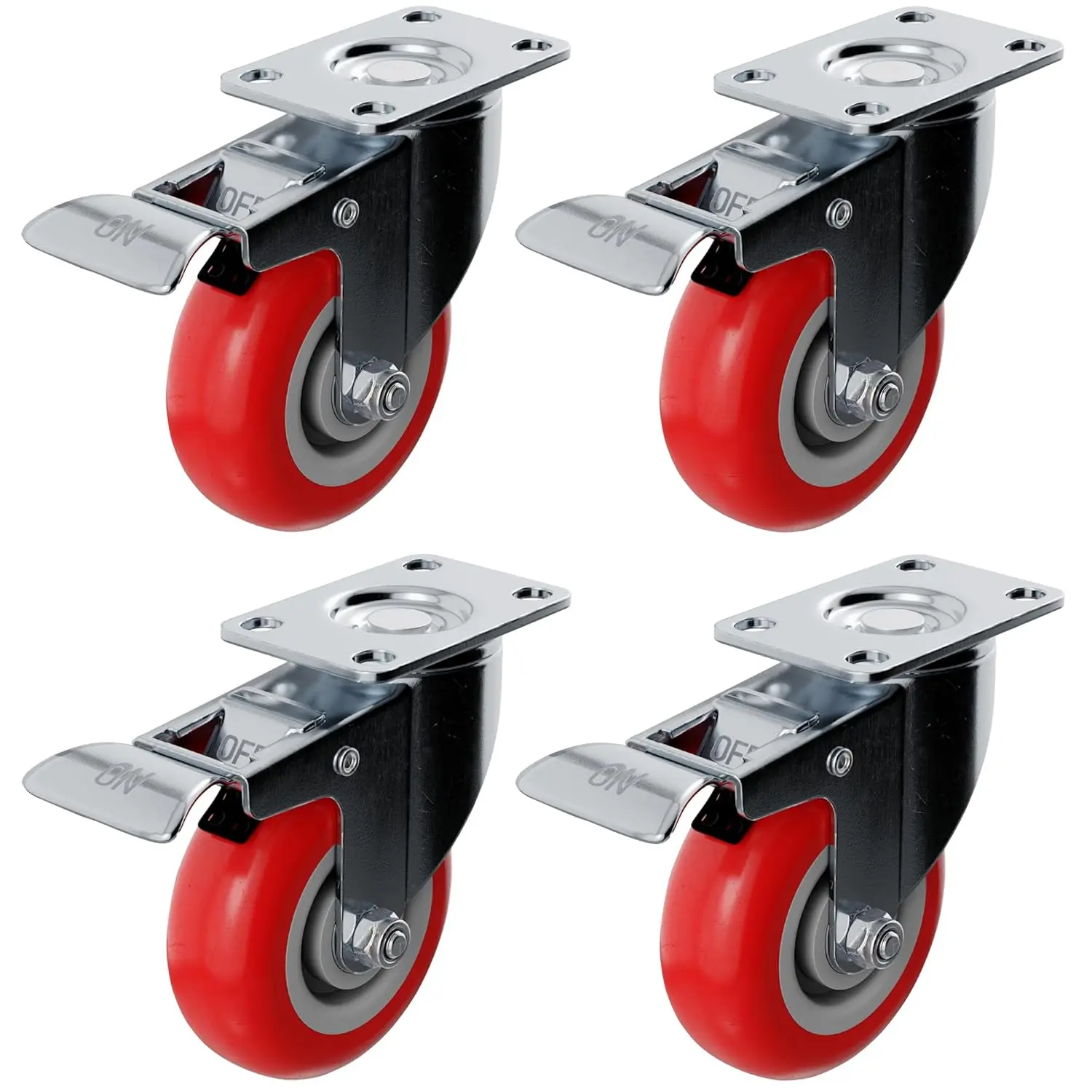 4 Pack Caster Wheels Swivel Plate  Red Polyurethane Wheels (4 inch with )