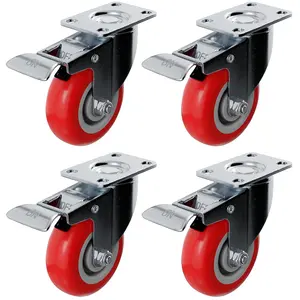 4 Pack Caster Wheels Swivel Plate  Red Polyurethane Wheels (4 inch with )