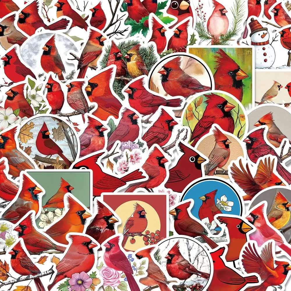 Cardinal Bird Pattern Sticker (50pcs/set), Cartoon Bird Decorative Sticker, PVC Waterproof Stickers, Waterproof Self Adhesive Decor Paper for Gift Greeting Card & Water Bottle & Laptop, Stickers Kit
