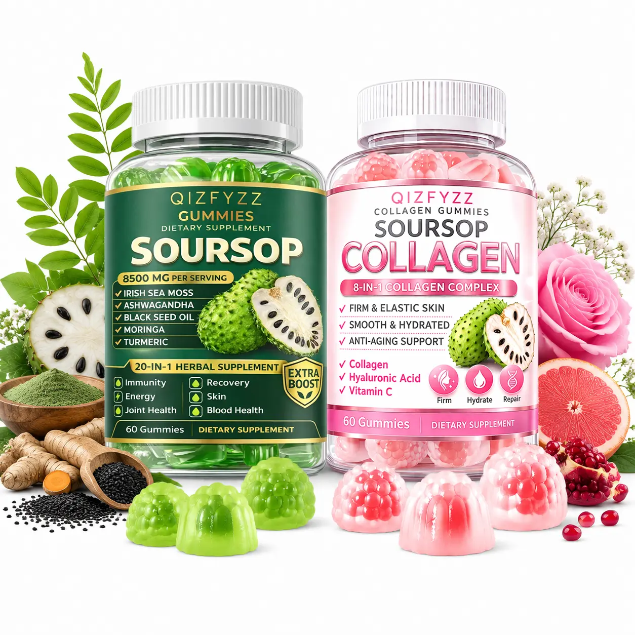 Soursop Collagen Boosting Gummies - Dual-Effect Healthcare Gummy Supplements, 8500mg 8-in-1 Beauty Complex with Biotin, Vitamins, Firming, Hydration, Daily Energy Support, Prop 65 Safe, Biotin Gummies Vitamins Supplements, Hydration Support