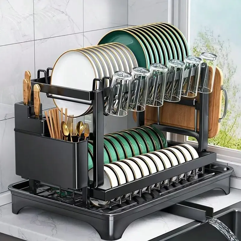 Stainless Steel 2-Layer Adjustable Plate Drying Rack with Auto Drain Tray, Kitchen Counter Organizer for Plates, Bowls, Cups, Utensils & Cutlery, 20 - 25 Kg Load Capacity black foldable dish
