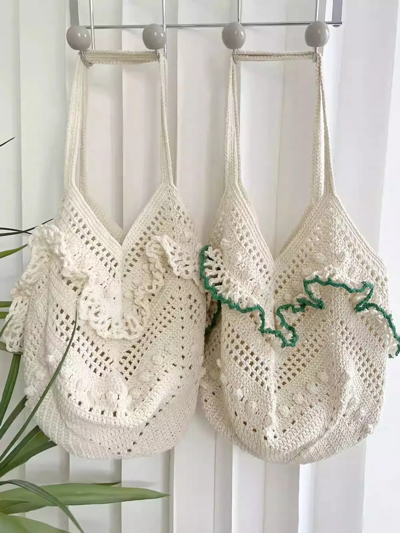 Minimalist handmade crocheted tote bag with wave lace decoration, hollowed out woven texture, large capacity shoulder bag, forest style fresh style, Fashionable Bohemian Bag, versatile item for daily commuting and outdoor activities, Minimalist Casual Bag