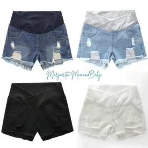 Women's Maternity Ripped Distressed Denim Shorts Pregnancy Soft Bottom Breathable Fit Elastic Casual Vibe Plus Size Summer Wear