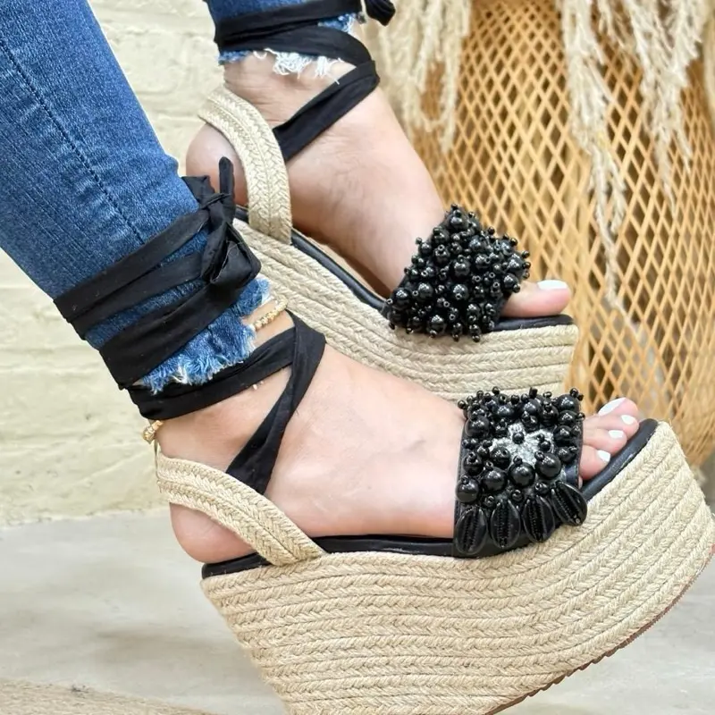 Perla Handmade Colombian Platform Sandals 12cm Heel Black Pearl Details High Quality Ultra Comfort Walking Shoes for Women Elegant Design Flatform Summer Footwear Girl