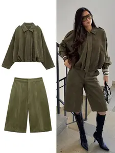 Spring Women's Suede Jacket Shorts Set, Collared Long Sleeve Zipper Jacket Casual Short Pants, New Fashion High Street Ladies Set