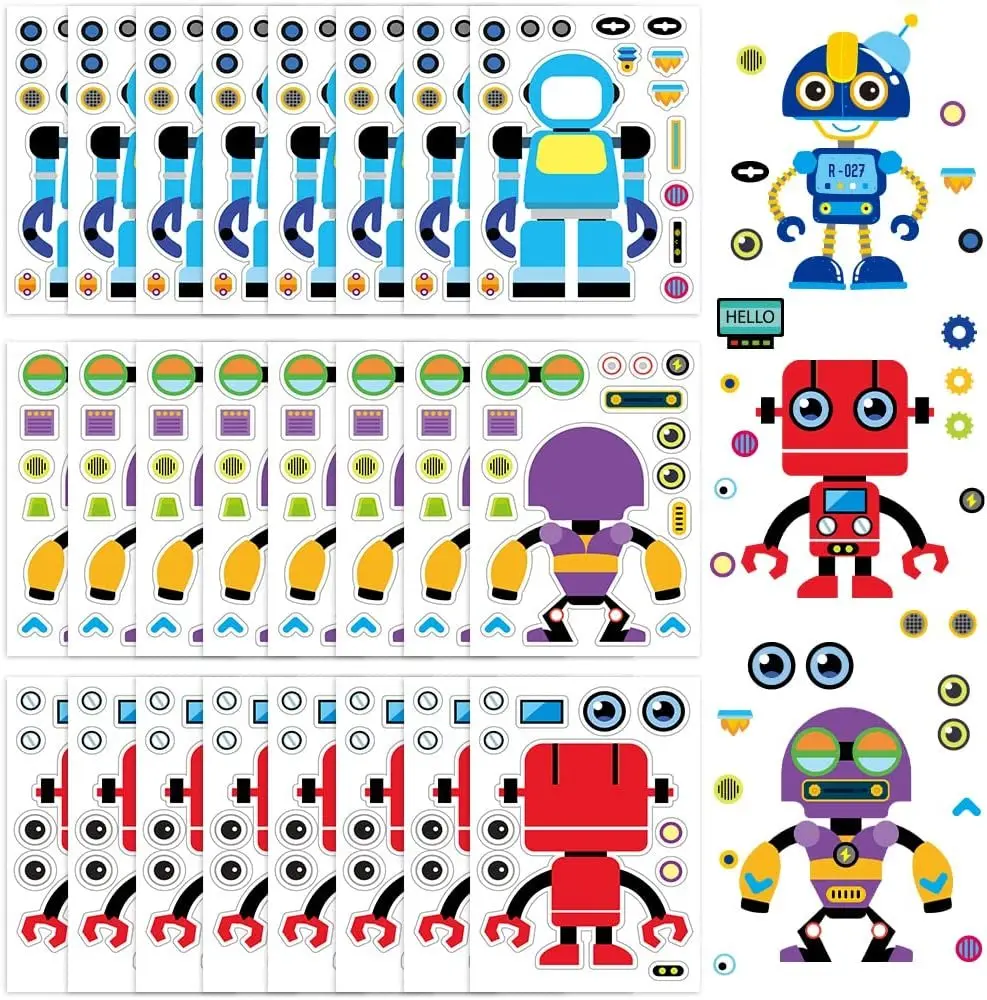 Make Your Own Robot Character Sticker Assortment, Set of 24 Sheets, Unique Arts ‘n Crafts Activity Supplies Kit for Kids, Sticker Prize, Fun Birthday Party Favor, Goodie Bag Filler
