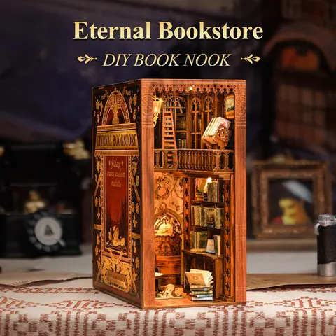 CUTEBEE Eternal Bookstore DIY Wooden Doll House Miniature Set - 2 AAA Battery-Operated, LED Lights, Classic Design, Unisex, Hollow Light Paths, Retro Oil Frames, Falcon Mou Snap, Hands-On Calm Craft, House Decoration, Ideal Gift for Adults, Diy Book Nook