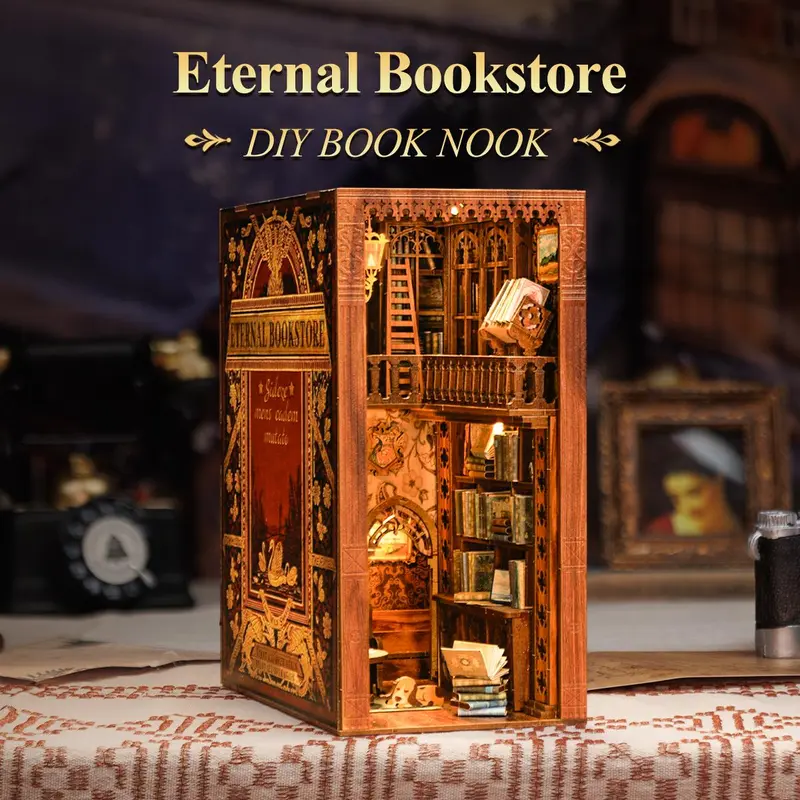 CUTEBEE Eternal Bookstore DIY Wooden Doll House Miniature Set - 2 AAA Battery-Operated, LED Lights, Classic Design, Unisex, Hollow Light Paths, Retro Oil Frames, Falcon Mou Snap, Hands-On Calm Craft, House Decoration, Ideal Gift for Adults, Diy Book Nook