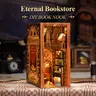 CUTEBEE Eternal Bookstore DIY Wooden Doll House Miniature Set - 2 AAA Battery-Operated, LED Lights, Classic Design, Unisex, Hollow Light Paths, Retro Oil Frames, Falcon Mou Snap, Hands-On Calm Craft, House Decoration, Ideal Gift for Adults, Diy Book Nook