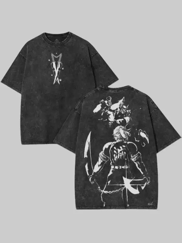Vintage Stone Washed Double Sided Anime Demon Hunter Graphic T Shirt Twin Blades Chest Print Oversized Distressed Cotton Short Sleeve Retro 90s Grunge Streetwear Unisex Casual Gift For Anime Fans Boyfriends