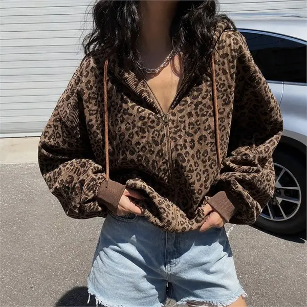 Women’s Leopard Print Zip-Up Hoodie, Relaxed Long Sleeve Hooded Jacket with Drawstring for Casual Streetwear & Everyday Outfits