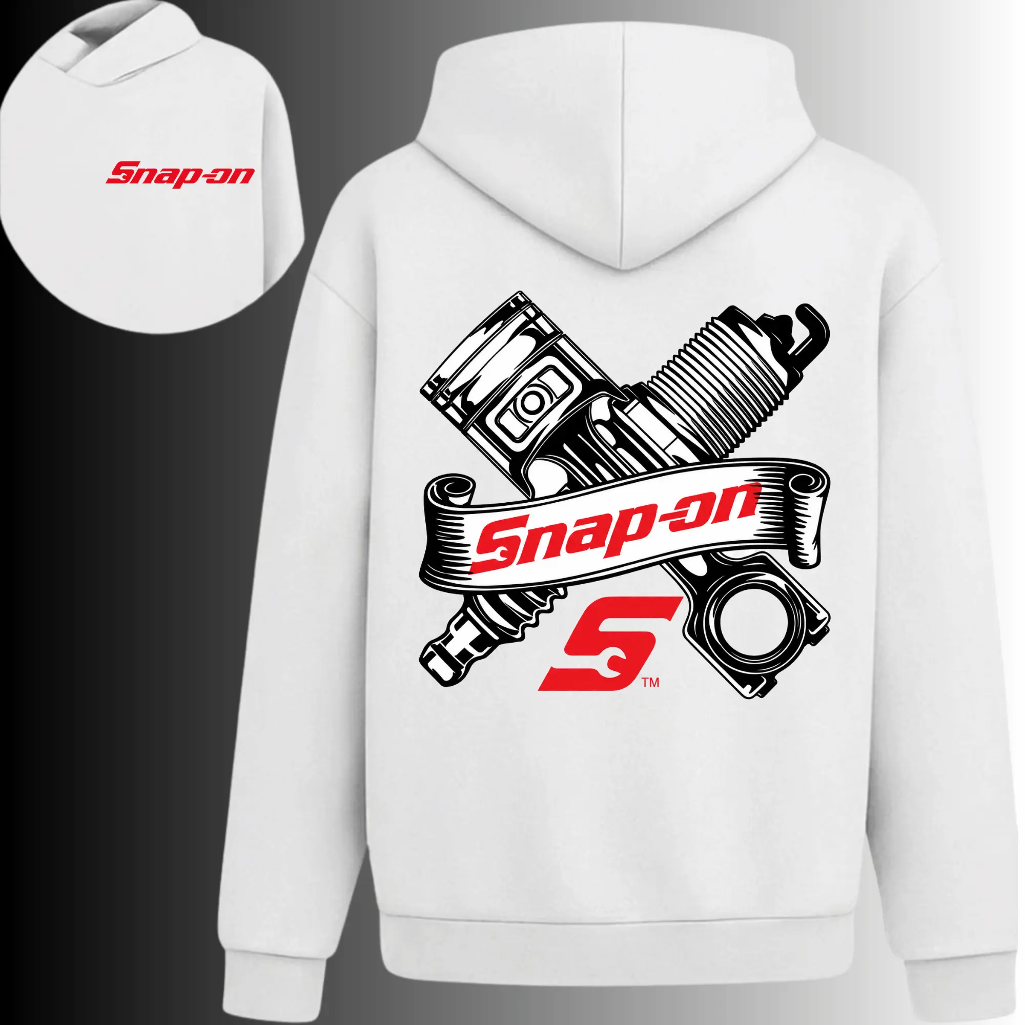 Snap-on Piston Spark Plug Hoodie, 2 Sides, Mechanic Tools Graphic Hooded Sweatshirt