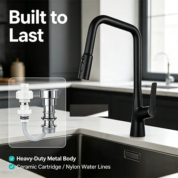 Matte Black Pull-Out Kitchen Faucet, 3-Function Spray Head with 1-Touch Switching, 360° Swivel High-Arc Sink Faucet, 23.6in Hose, FastConnect DIY Installation for Modern Kitchens
