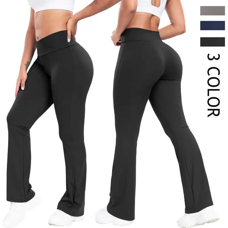 Women's High-Waist Sports Leggings - Nylon Blend, Tummy Control, Stretchy Soft Seamless Flare Cut, Elastic Waist, Curves-Flattering, All-Seasons Solid Color for Training, Running (Training Leggings, Yoga Pants for Women)