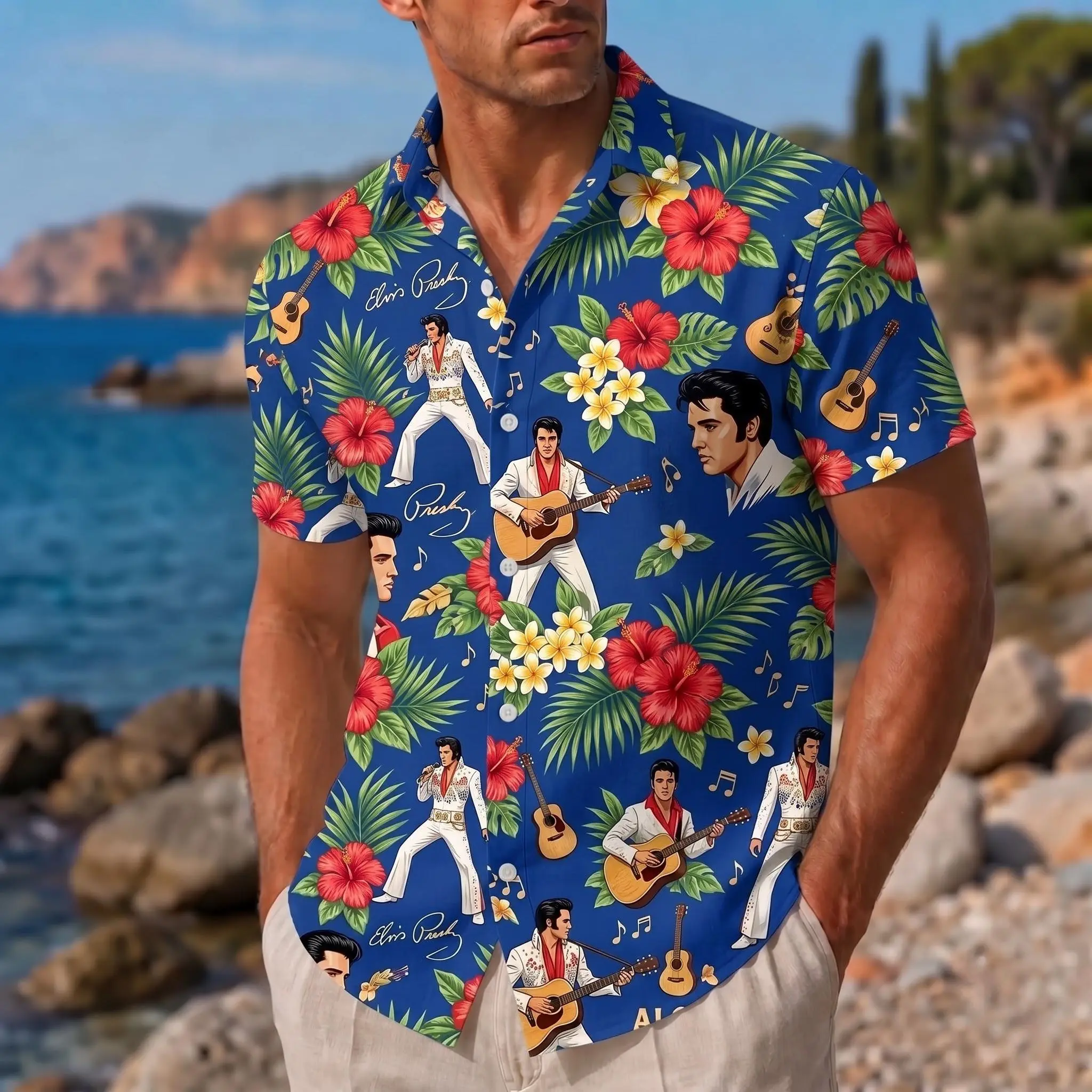 Elvis Presley Hawaiian Shirt, Rock And Roll Button Up, Tropical Vacation Shirt, Vintage Music Aloha Shirt, Gift for Men Women