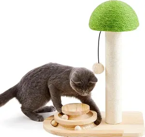 Cat Scratching Post - Mushroom Cat Scratcher with Sisal Ropes, Interactive Track Ball Toy, 2-in-1 Wood Scratch Toy with Dangling Ball 20" Scratch Pad