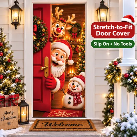 Christmas Door Cover - Stretch-to-DIY Door Handle Cutout Fit Santa Reindeer Snowman Door Decoration with Hidden Elastic Edges, Slip-On Holiday Door Decor for Home, Front Door & Indoor Door