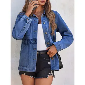 Women's Oversized Distressed Long Sleeve Denim Shacket - Soft, Comfortable, Breathable Button-Down Boyfriend Jean Jacket, 2025 Trendy Casual Basic Polyester Top