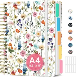 Large Spiral Lined Notebooks for Work with Removable Dividers & Tabs, 8.5"x11" Pretty Hardcover 5 Subject Notebook Journal for Women, College Ruled, Perfect for Study & Office Organization, 280 Pages,Wildflowers