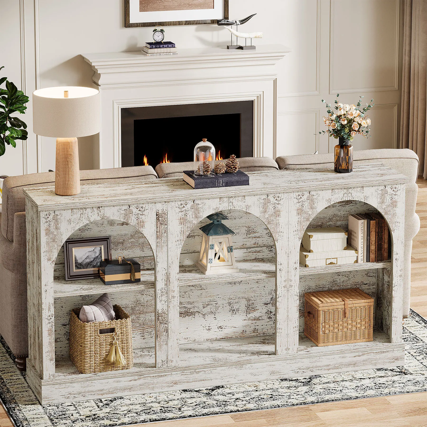 LITTLE TREE Farmhouse Console Table, 63-Inch Long Entryway Table with 3 Tier Storage, Wooden Rectangular Sofa Table Behind The Couch for Entrance, Hallway, Living Room
