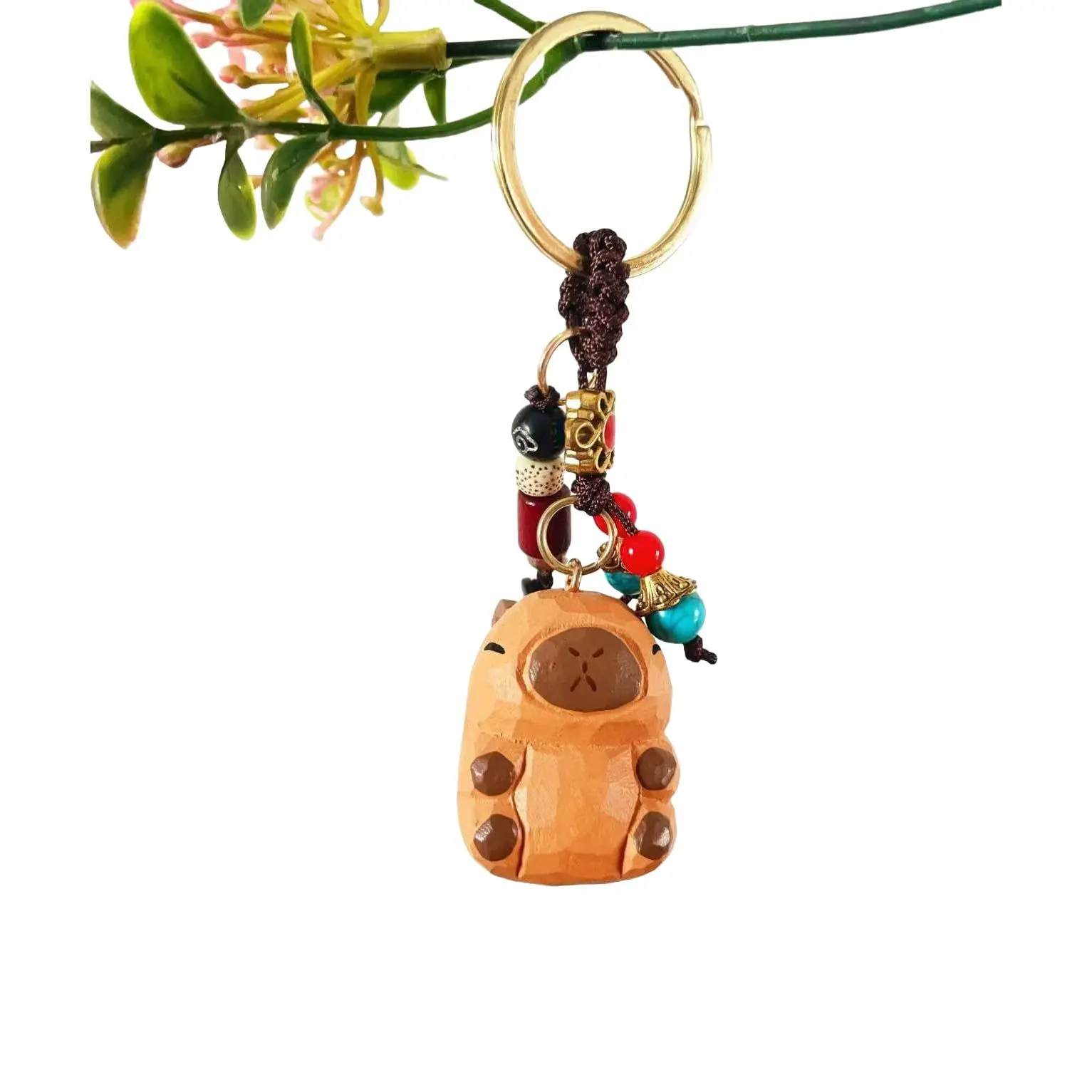 Wooden Capybara Black Cat Orange Lucky Keychain With Four-leaf Charms Key& Bag Ornament