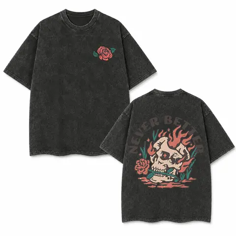 Men's 230g Cotton Vintage Washed Short Sleeve T-Shirt - Gothic Skull Double-Sided Print, Drop Shoulder Loose Fit, Round Neck, Casual Everyday Wear, Classic Fabric, Cargo-Inspired Layer-Friendly All Seasons Streetwear Top
