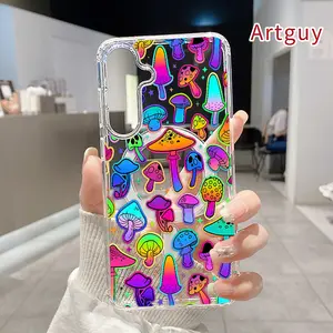 Neon Mushroom Fantasy Pattern Magnetic Phone Case for Samsung Galaxy S26 Edge S23 Ultra S24 Plus FE S25 S22+ Non-Yellowing Clear Crystal Drop-proof Slim Silicone Shockproof Transparent Acrylic Large Hole Cover Supports Wireless Charging