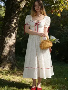 Angel Sweetheart Corset Dress Casual Womenswear Summer Shortsleeve White Eyelet with Red Trim and Bow Detail