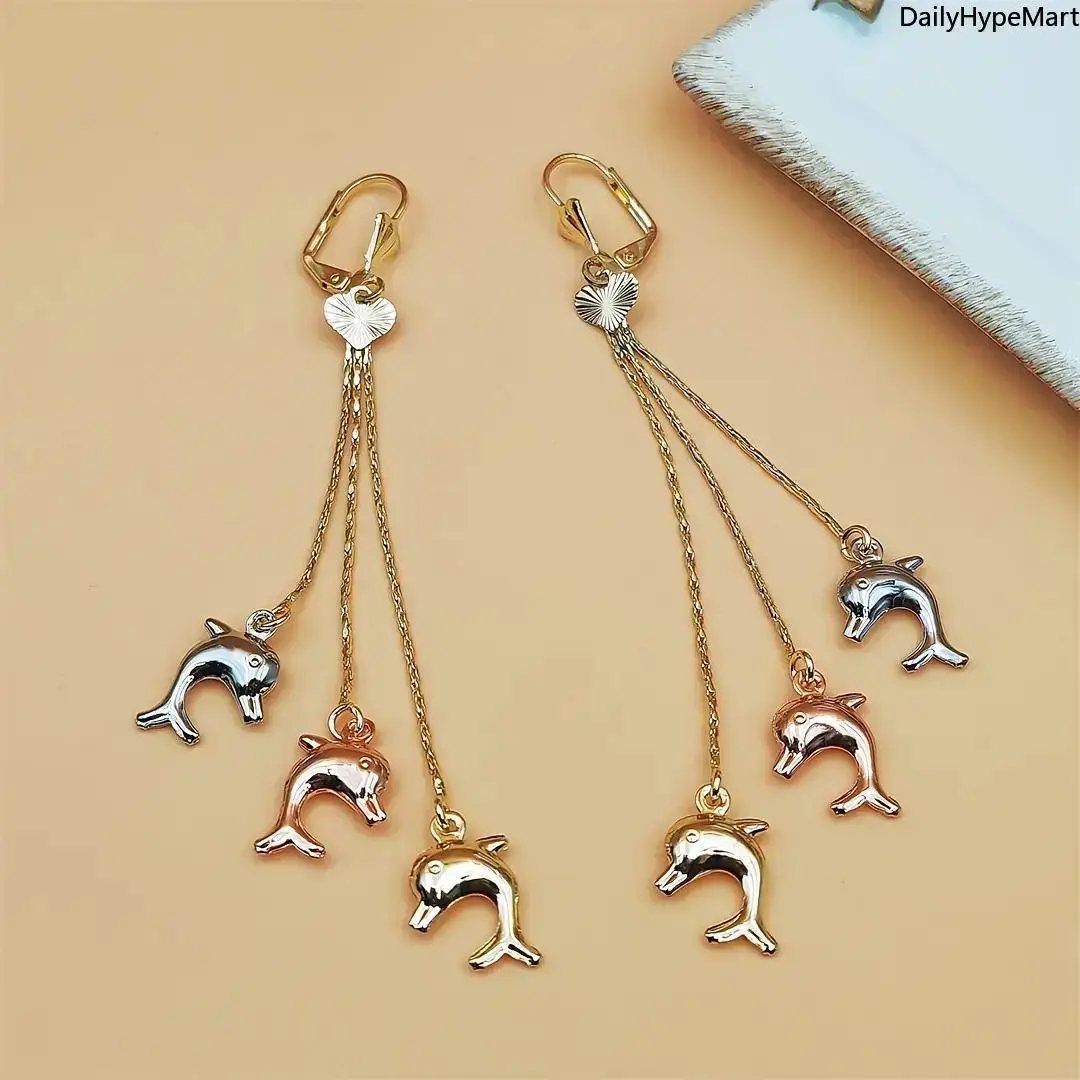 Unisex Copper Elephant & Dolphin Tassel Dangling Earrings - Elegant Fashion Accessory, Anniversary Gift, Suitable for Daily Casual Wear & Special Occasions