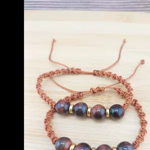 Tigers Eye Macrame Bracelet with Brown Beads and Gold Accents for Women