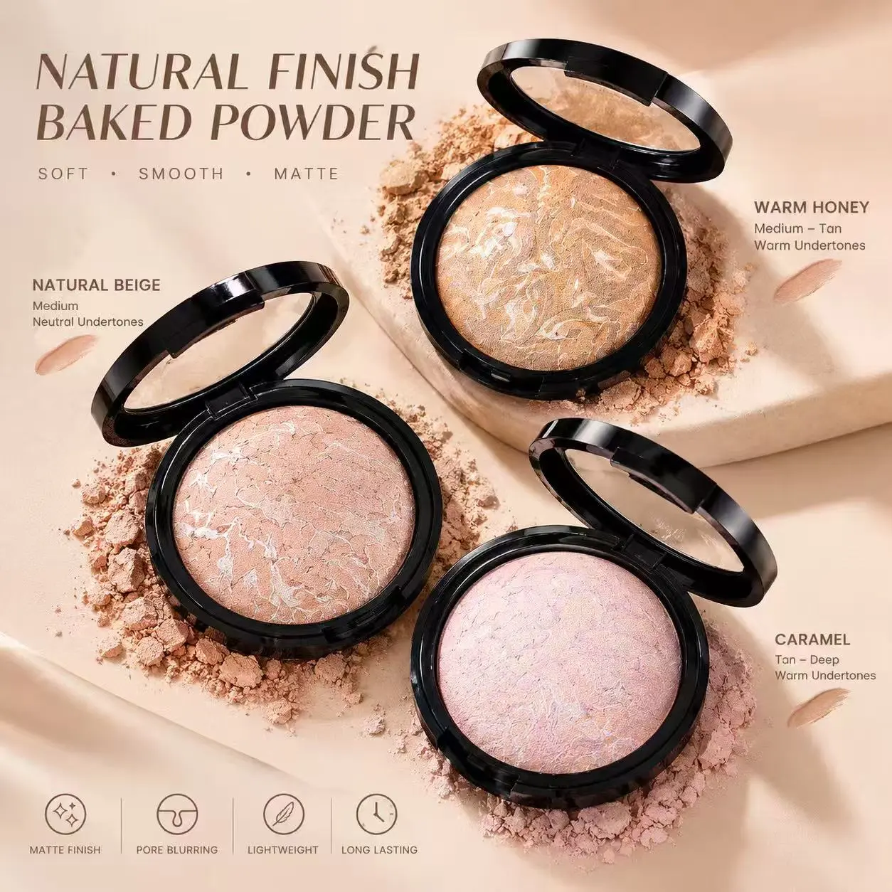 Cosmetic Baked Compact Powder for All Skin Types, Oil Control, Soft Matte Finish, Flawless Makeup, 24-Month Long-Lasting Wear, Daily Care & On-the-Go Touch-Ups