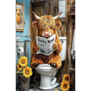 1PCS Highland Cow Reading Newspaper on Toilet Diamond Painting Kit for Adults DIY Wall Art Home Decor C