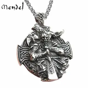 MENDEL Mens Stainless Steel Viking Norse Axe Odin Raven Cross Pendant Necklace