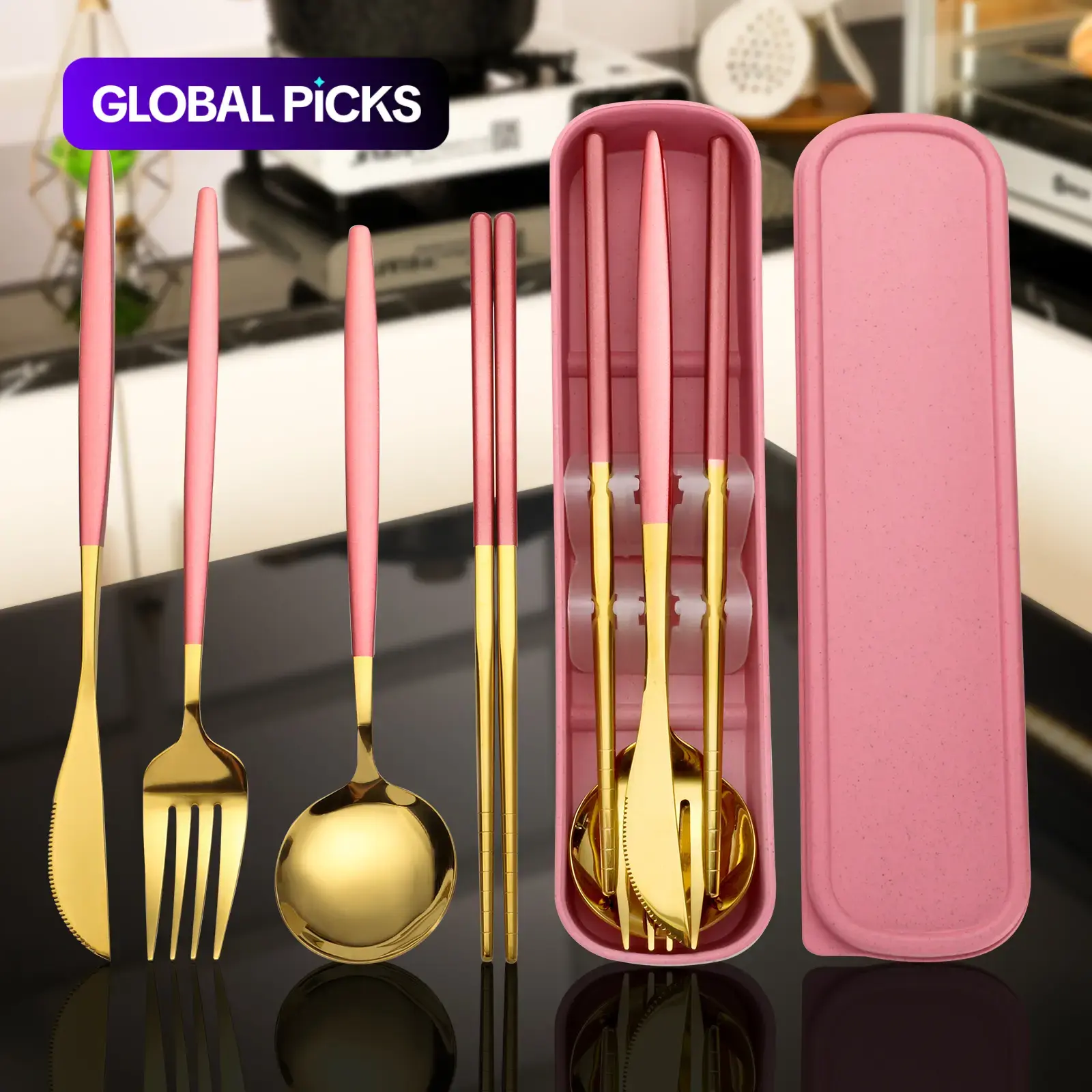 4-Piece Stainless Steel Gold Cutlery Set with Storage Box, Portable Reusable Utensils for Home, Office, School, Camping and Travel, Household Tableware for Daily Use-Three colors are available