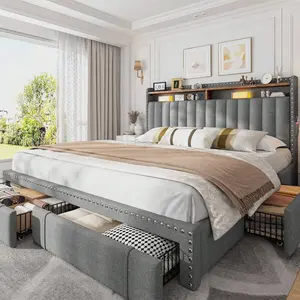 Bed  With 3 Drawers & 2-Tier Storage Headboard,Upholstered Platform Bed  Heavy Duty Wood Slats Support, No-Noise, Easy Assembly LED Cloud Frame Wide Chest of Vanity Desk tall microwave Twin Size Gingham Daybed Trundle