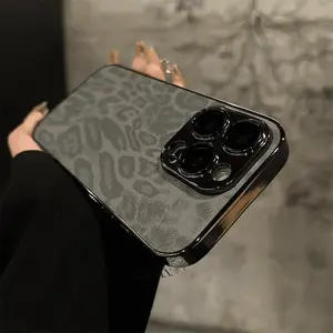 Luxury Plating Leopard Texture Leather Case For iPhone 16 15 14 Plus 13 12 11 Pro Max Lens Protection Shockproof Soft Cover Capa