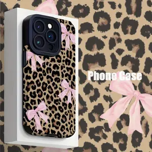 Pink Bow Leopard Print Suitable for TPU Pattern iPhone 16 Pro Max Case, iPhone 15 Pro Max/14/16 Plus/13 Pro/12/11/7/34/X/XR/XS Max Business Anti-Drop Vertical Grain, TPU + Faux Leather Protective Cover High Aesthetic