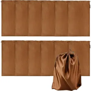 12 count Satin Wig Bags with Drawstring Satin Bag for Packaging Hair Extensions Wigs Soft Silk Pouches Hair Tools Storage Bags for  and Salon (Brown)