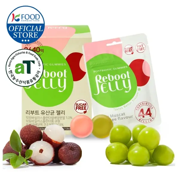 Korean Food Reboot Probiotic Jelly (27g x 6 Packs) | 0 Sugar & Fat-Free Chewy Fruit Snack | Lychee & Shine Muscat Flavor, Gluten-Free