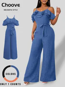 Women's Solid Color Ruffle Trim Jumpsuit, Casual Sexy Belted Jumpsuit for Summer, Women's Jumpsuit for Daily Wear