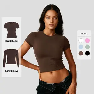 Women's Minimalist Solid Color Round Neck Short Sleeve Slim Top, Spring & Summer Stretchy Brushed Clothes, Quick Drying Yoga Top, Comfort Outfit