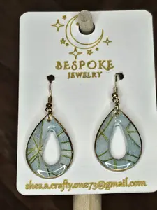 Kintsugi-inspired Ice Blue Open Teardrop Earrings Handcrafted Abstract Mended Jewelry | Luxe Gold-Veined Statement Dangles | Bespoke Artisan Gift