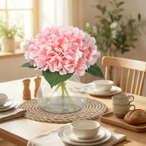 Pink Fake Flowers, Artificial Hydrangea Flowers with Vase & Fake Water, Silk Faux Flower Arrangements for Coffee Table Decor, Bathroom Plant Decor