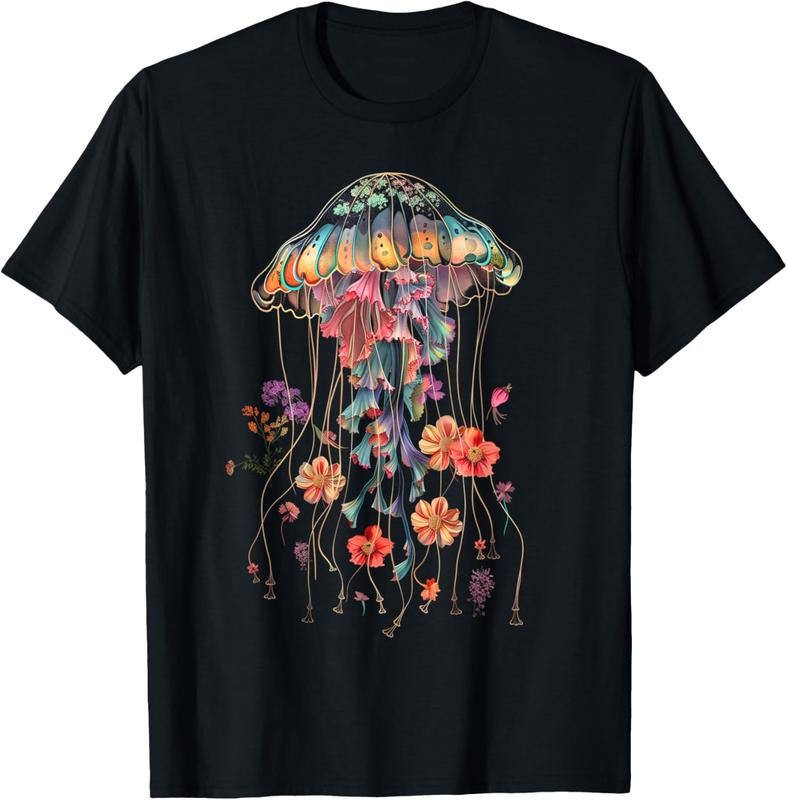 100% Cotton Unisex Jellyfish Flowers Vintage Floral Scuba Diving Surf Round Neck Short Sleeve T-Shirt Women's Men Graphic Tee