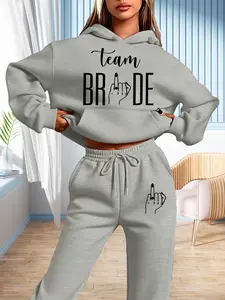 Team Bride Gesture Print Sweatshirt Set, Fall & Winter Casual Fitted Graphic Design, Comfortable Daily Wear
