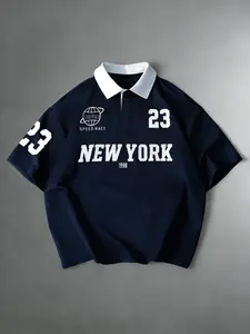 New York 1998 Oversized Polo Shirt - TikTokShopBlackFriday Deals FallFashion, Trendy Streetwear Collared Top, Speed Race Graphic & Number Print, Stylish Casual Outfit, Versatile Daily Wear Essential, Viral TikTokShopFallDealsForYou Pick