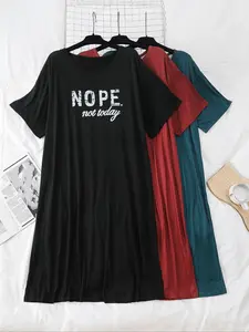 [Plus Size] Letter Print Round Neck Nightdress, Casual Short Sleeve Nightgown for Women, Women's Sleepwear & Loungewear for All Seasons Womenswear