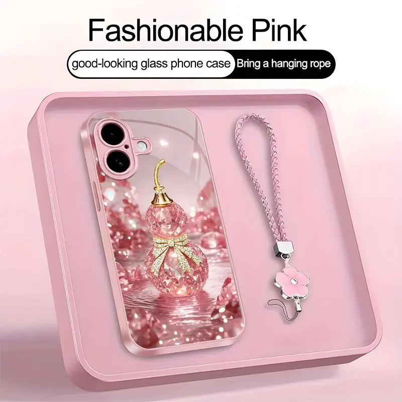 Suitable for [iPhone 16] high-end phone case，a beautiful four-leaf clover lanyard is included,printed case, no glitter，high-end crystal clear gourd, bringing you good luck，a variety of colors are available for you to choose from YM99