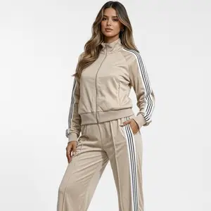 Set Sport 2 Piece Pants and Jacket in Beige with White Stripes for Women