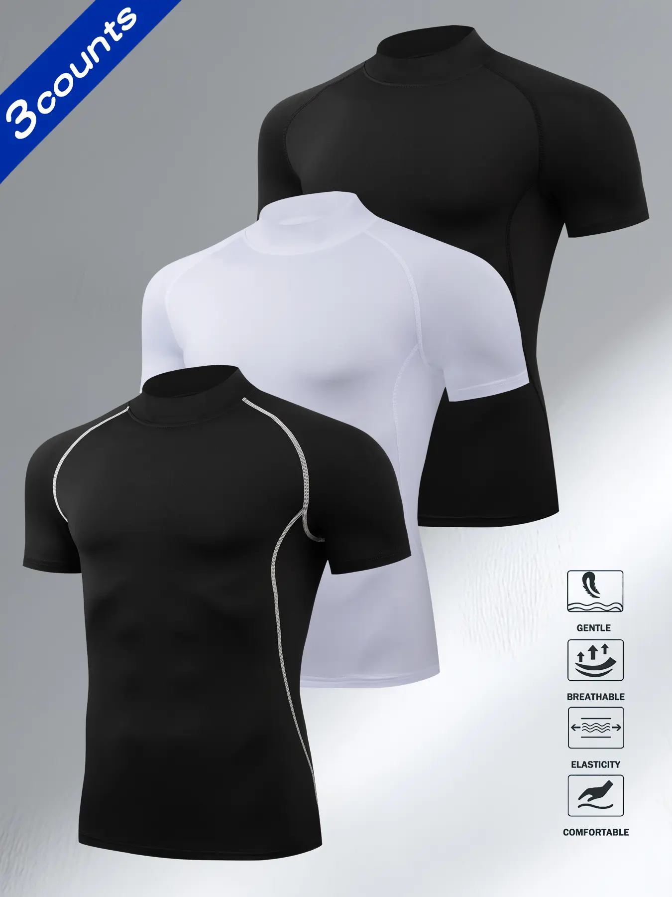Men's Half High Neck Athletic Fitted Sport T-Shirt Set, Breathable Quick-Dry Short Sleeve, Fitness Running Exercise Wear, Outdoor Cycling Clothing, Fitness Sportswear, Athletic Sports Clothing